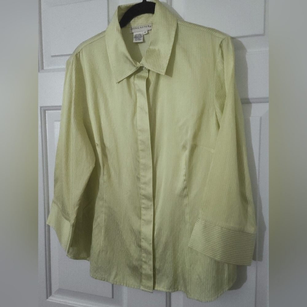 Button Front Shirt Cotton/Silk Blend Curved Hem Pinstripe